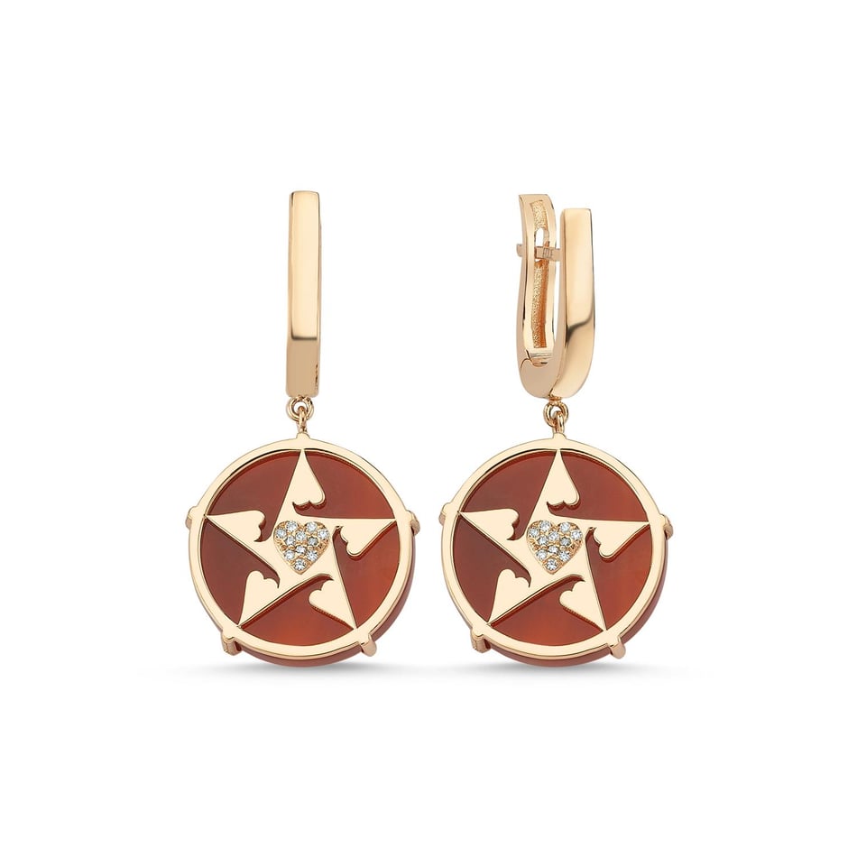 Happy Star Kalpli Pırlantalı Doğal Taşlı Altın Küpe