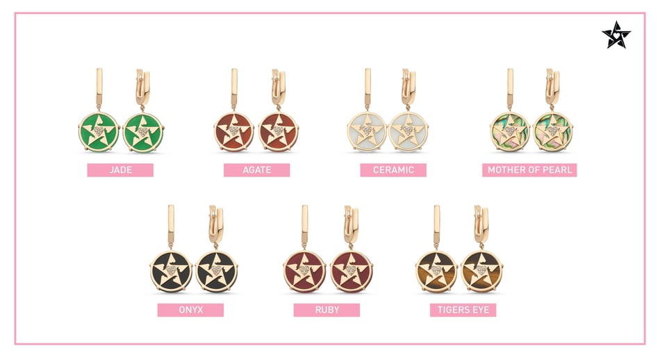 Happy Star Kalpli Pırlantalı Doğal Taşlı Altın Küpe