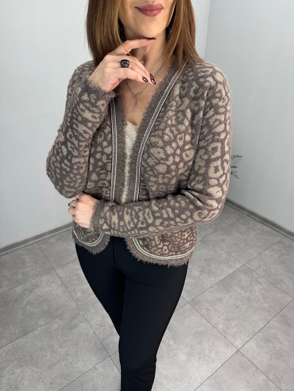 Simli Leopar Desen Angora Hırka Ceket 4074