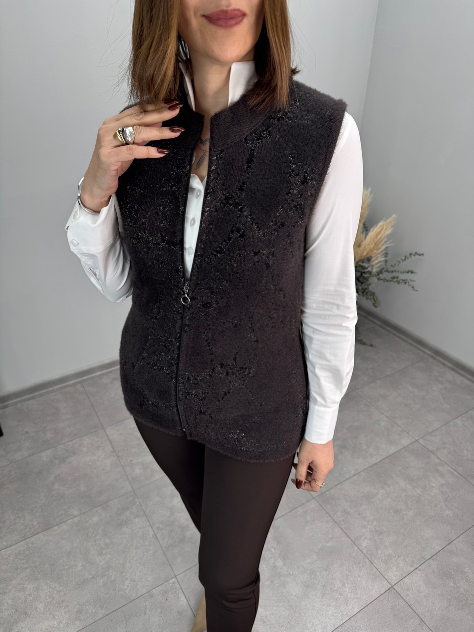 Sıfır Yaka Önü Simli Angora Triko Yelek 4004