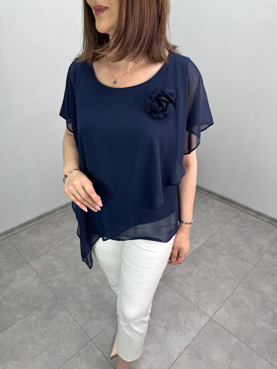 Asimetrik Kesim Broşlu Şifon Bluz 3603