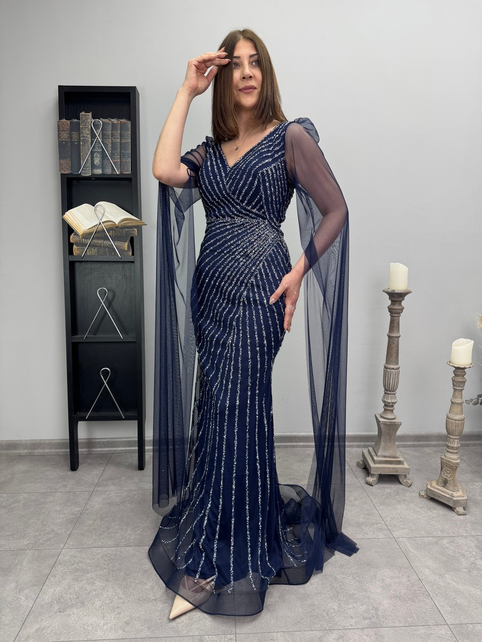 Kristal Taş Detaylı Abiye Elbise 3547