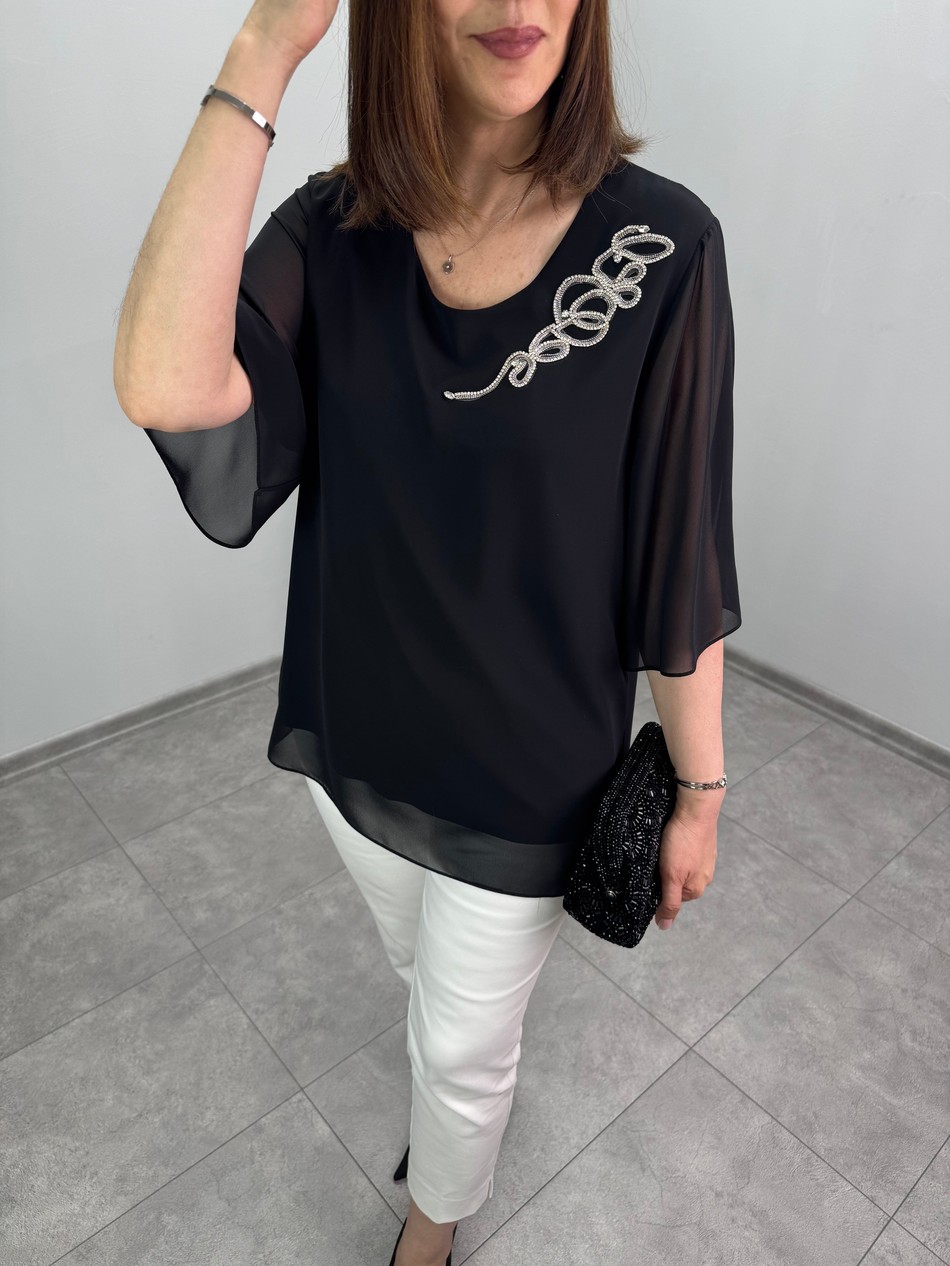 Yakası Kristal Taşlı Şifon Bluz 3573