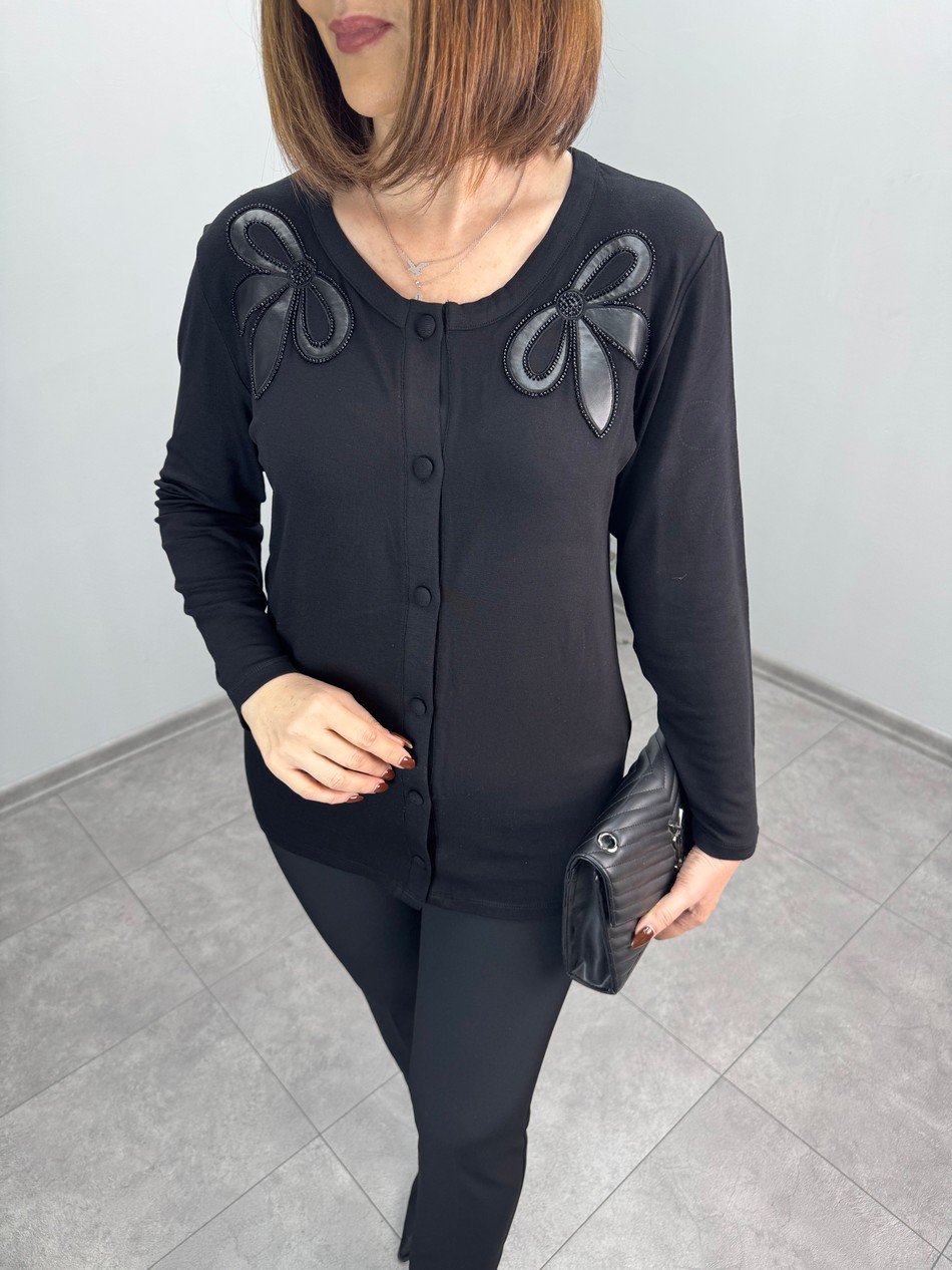 Deri Ve Boncuk Aplikli Triko Hırka 4099