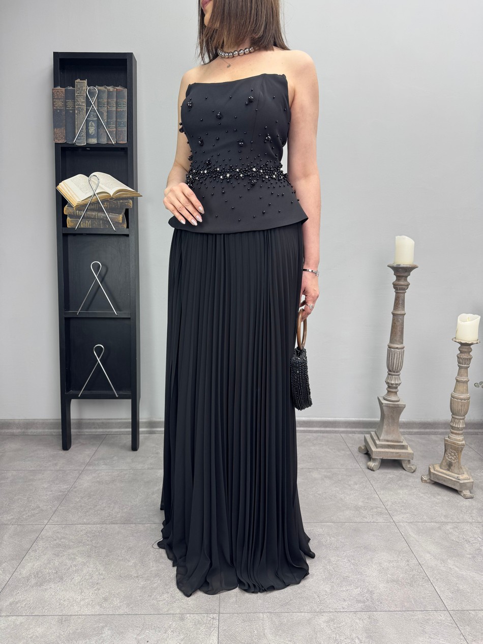 Straplez Pliseli Şifon Abiye Elbise 3509