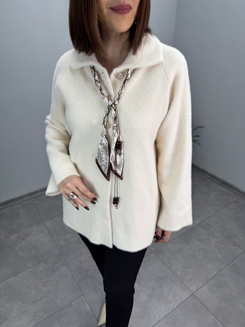 Polo Yaka Aksesuarlı Angora Hırka Ceket 4012