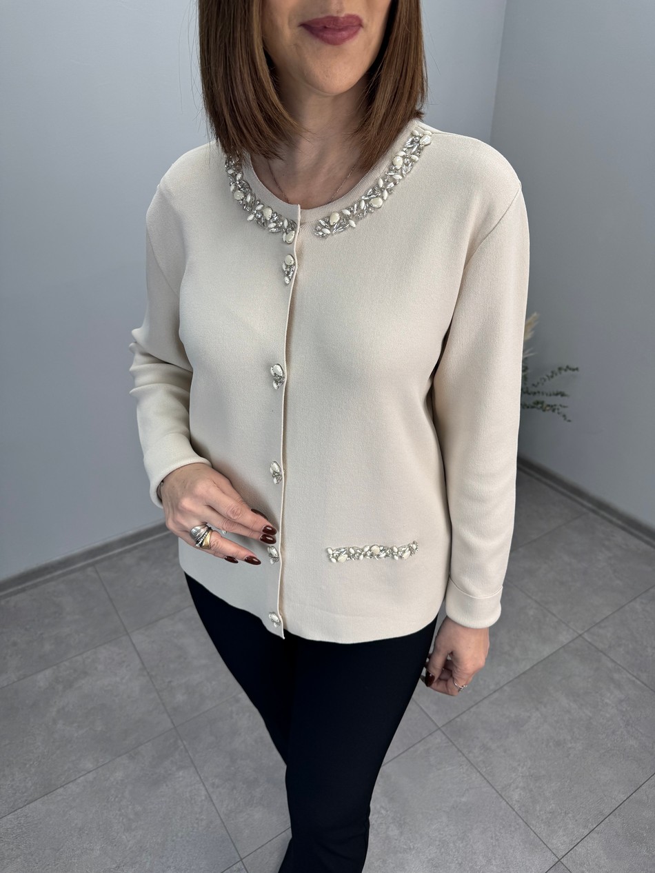 Yakası Taşlı Önden Çıt Çıtlı Triko Hırka Ceket 4062