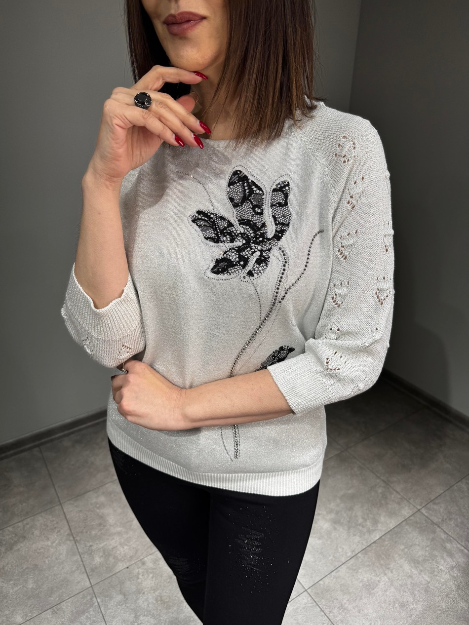 Taş Ve Dantel Baskılı Simli Triko 3056