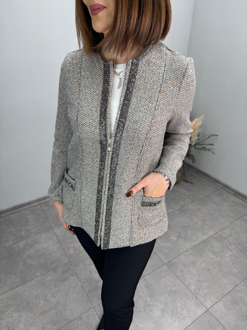 Kristal Boncuk İşlemeli Kaşe Ceket 4024
