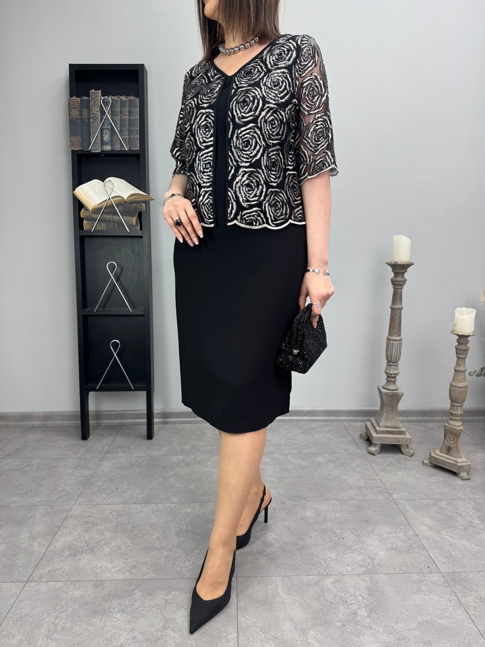 Gül motifli krep tasarım elbise 3449
