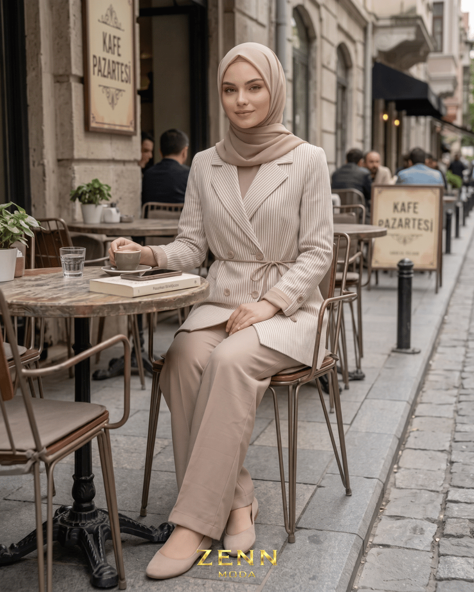 Çizgili Ceket & Düz Pantolon Takım