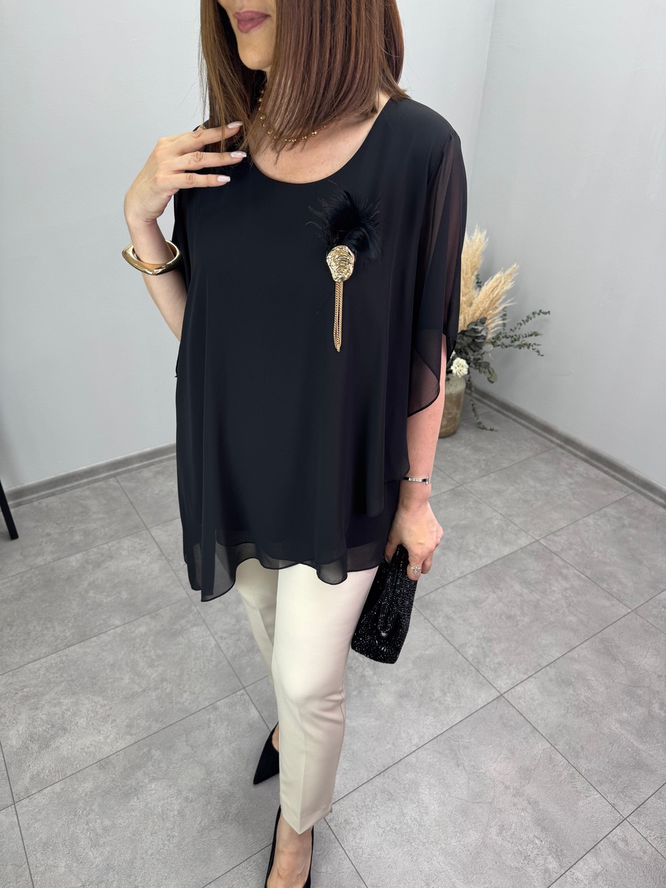 Broşlu Asimetrik Kesim Şifon Bluz 3854
