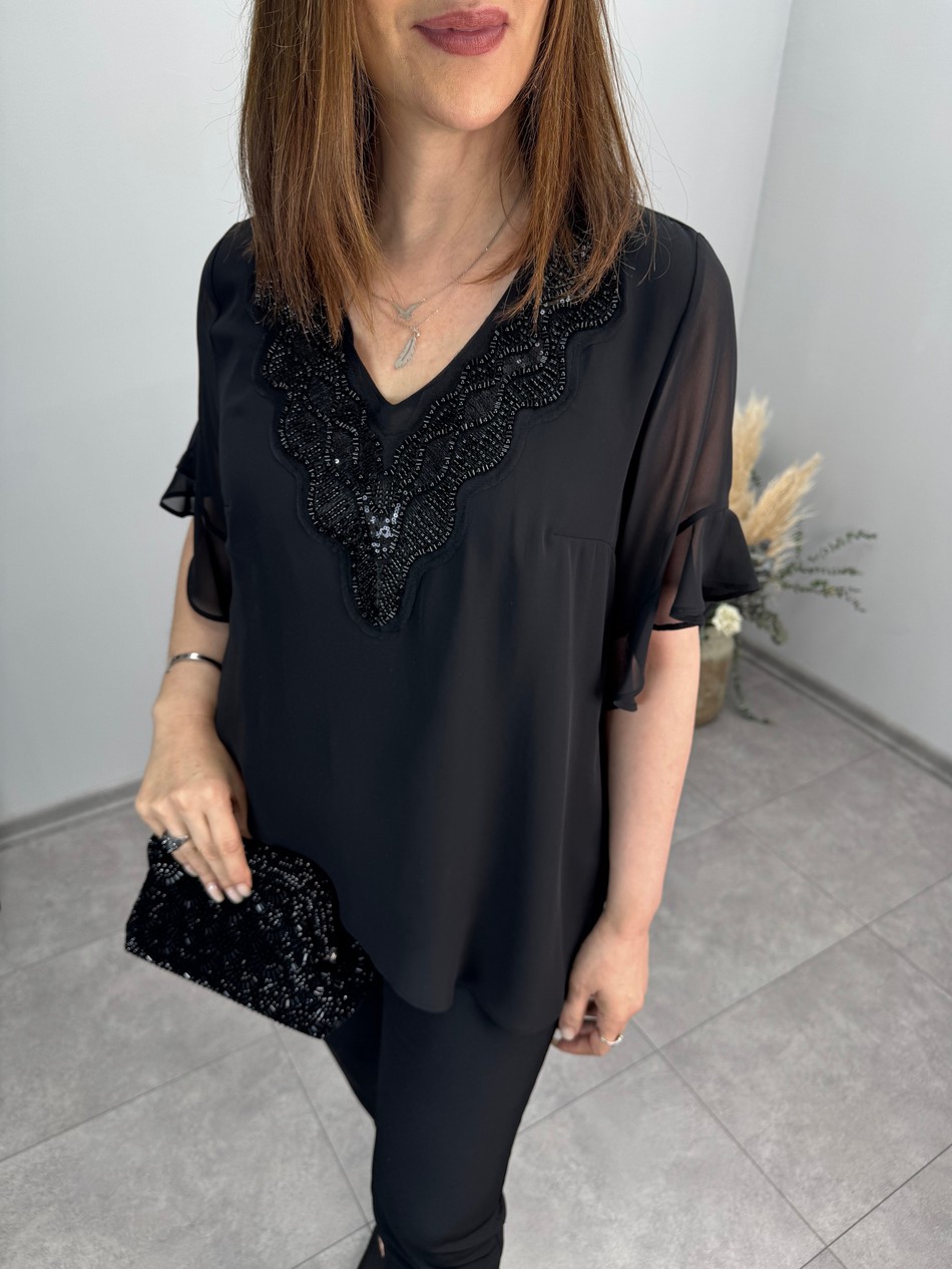Yakası Taş İşlemeli İkili Şifon Bluz 3973
