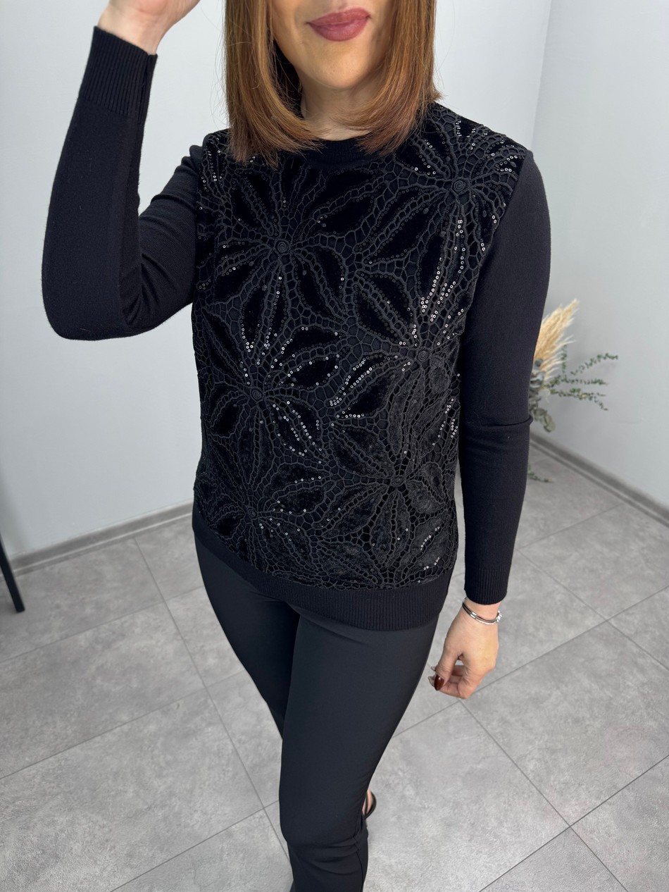 Önü Kadife Pul Payet Dantelli Triko Bluz 4057