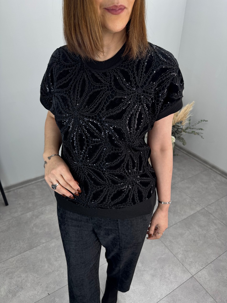 Düşük Kol Kadife Dantelli Triko Bluz 4092