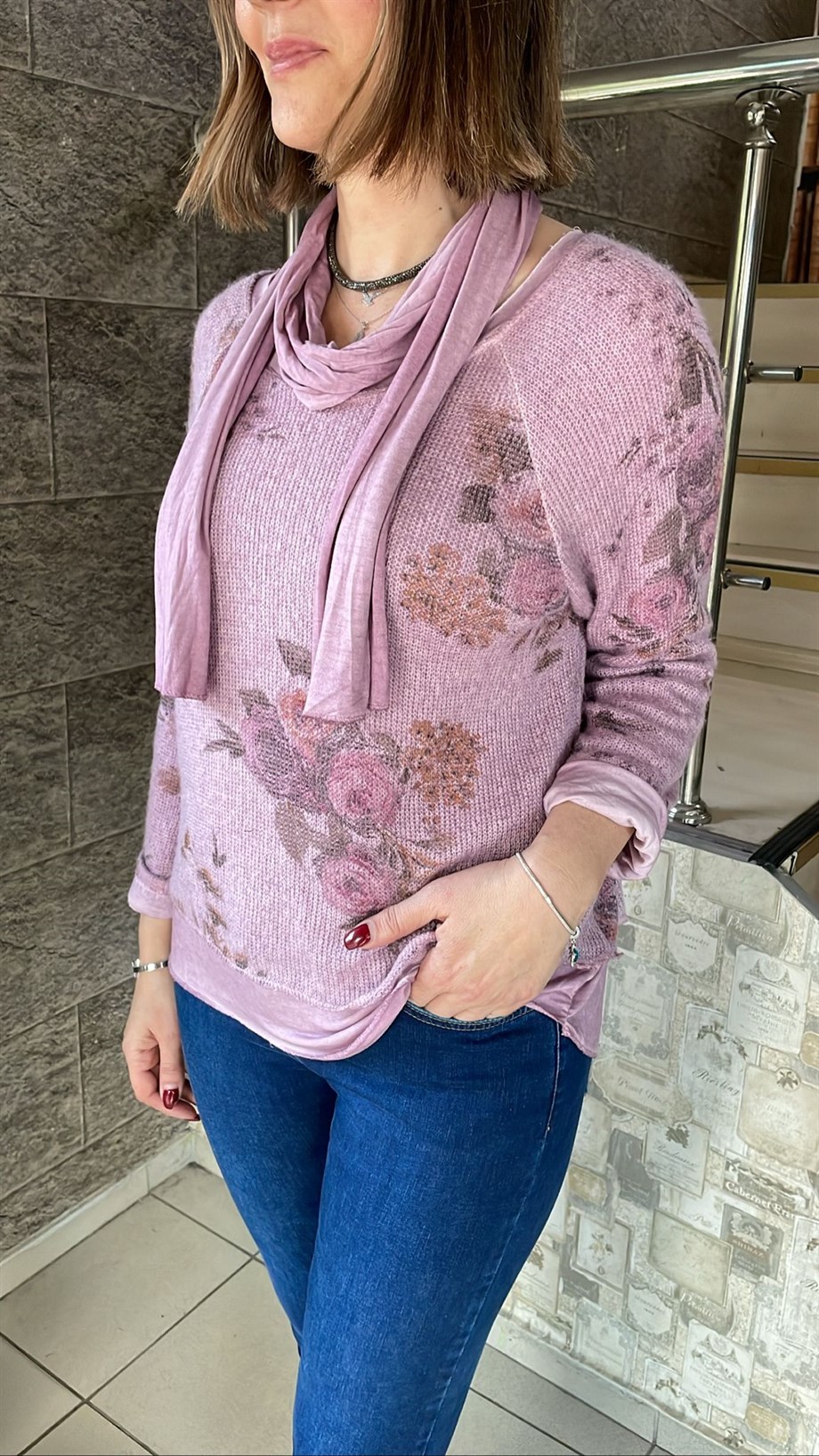 Fularlı Triko Bluz 3606
