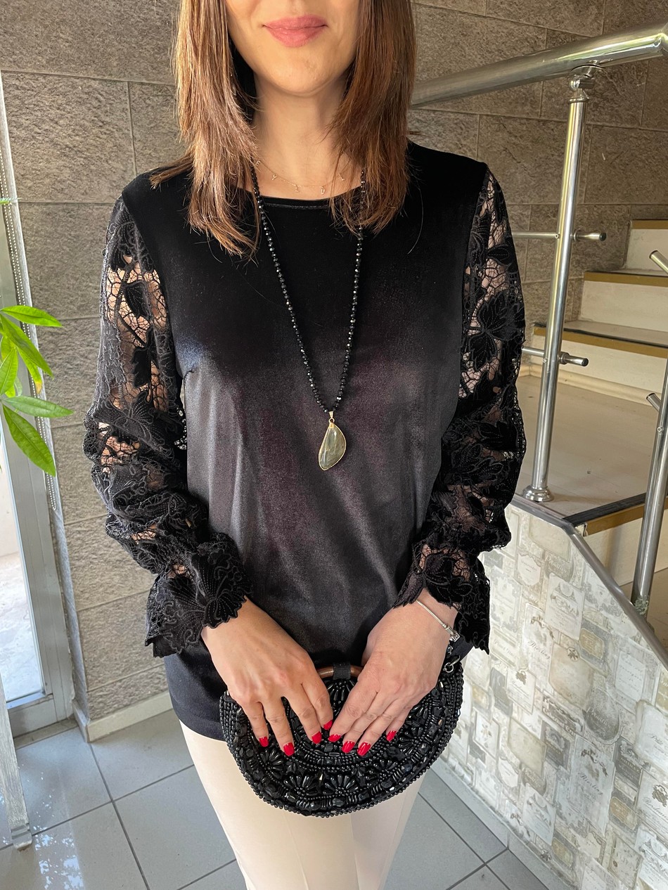Kolları Kadife Dantel Bluz 2333