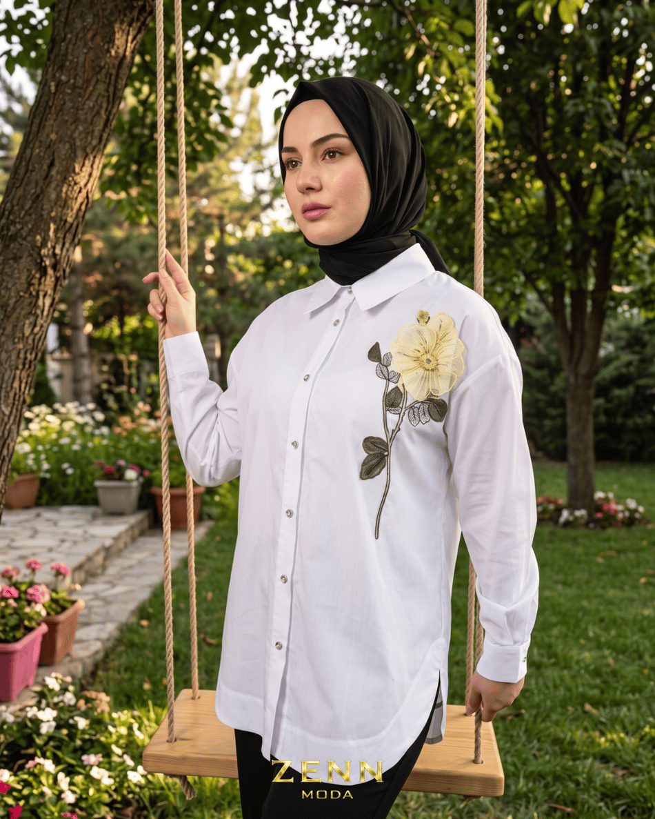 Nakış Çiçek İşlemeli Poplin Pamuk Gömlek