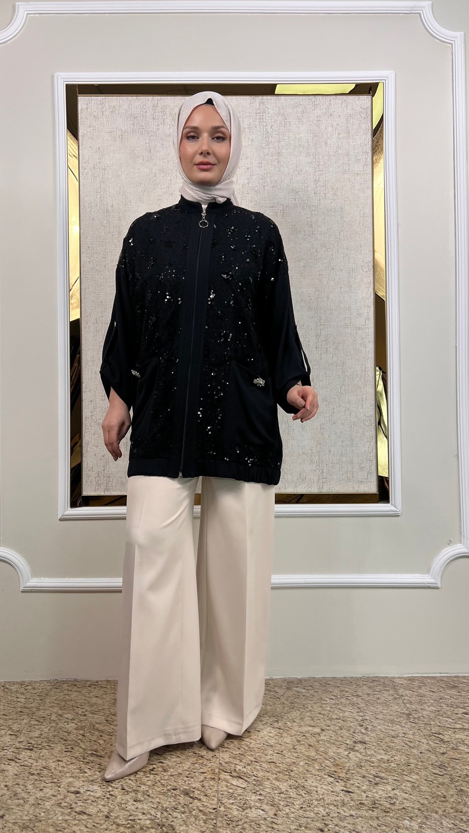 Pullu Dantel Kombinli Fermuarlı Hırka 3165