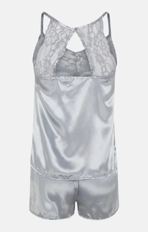 Açık Gri Dantelli Saten Atlet-Şort Dokuma Pijama Takımı 