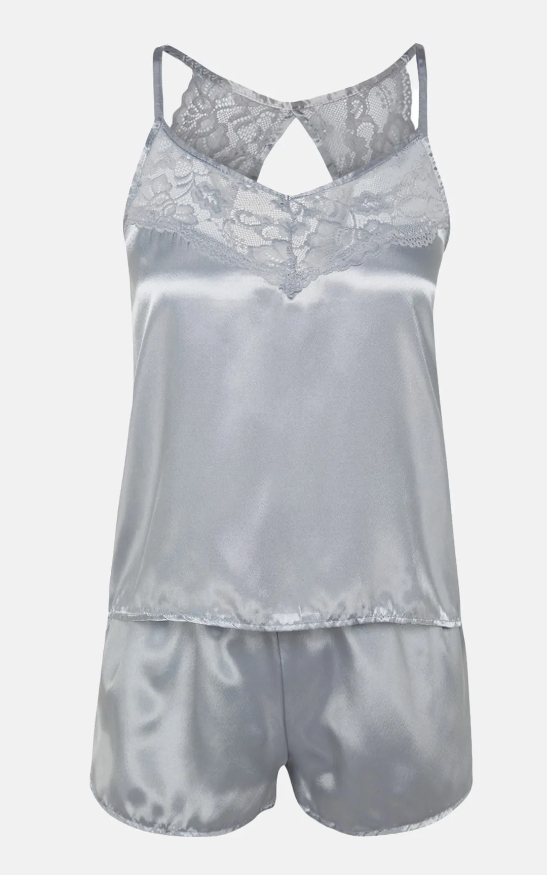 Açık Gri Dantelli Saten Atlet-Şort Dokuma Pijama Takımı 