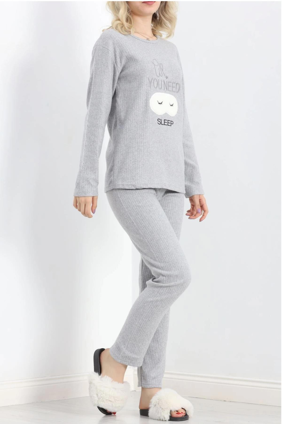 Dantel Soft Grey Açık Gri Nakışlı Pantolon Pijama Takımı