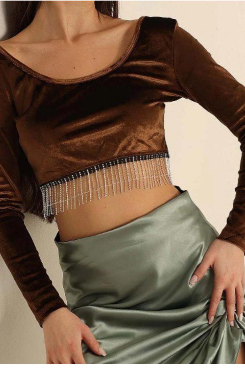Kadife Taş Detaylı Crop Bluz