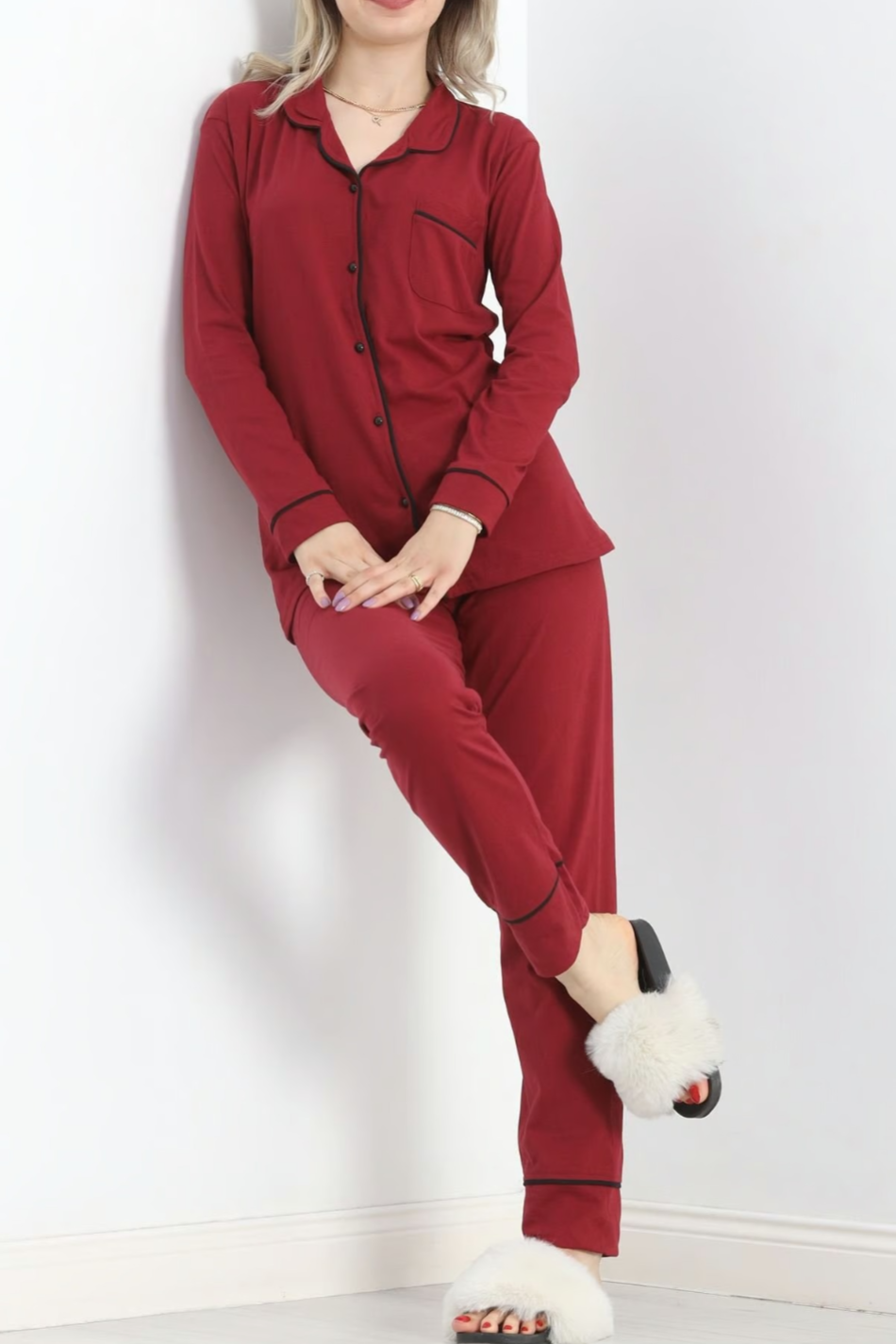 Pamuklu Pijama Takımı Bordo