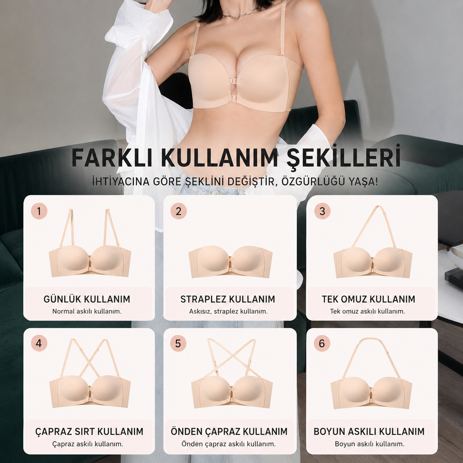 Rüya 2si 1 arada Push Up Destekli Klipsli Lazer Kesim Strapless Sütyen Ten 