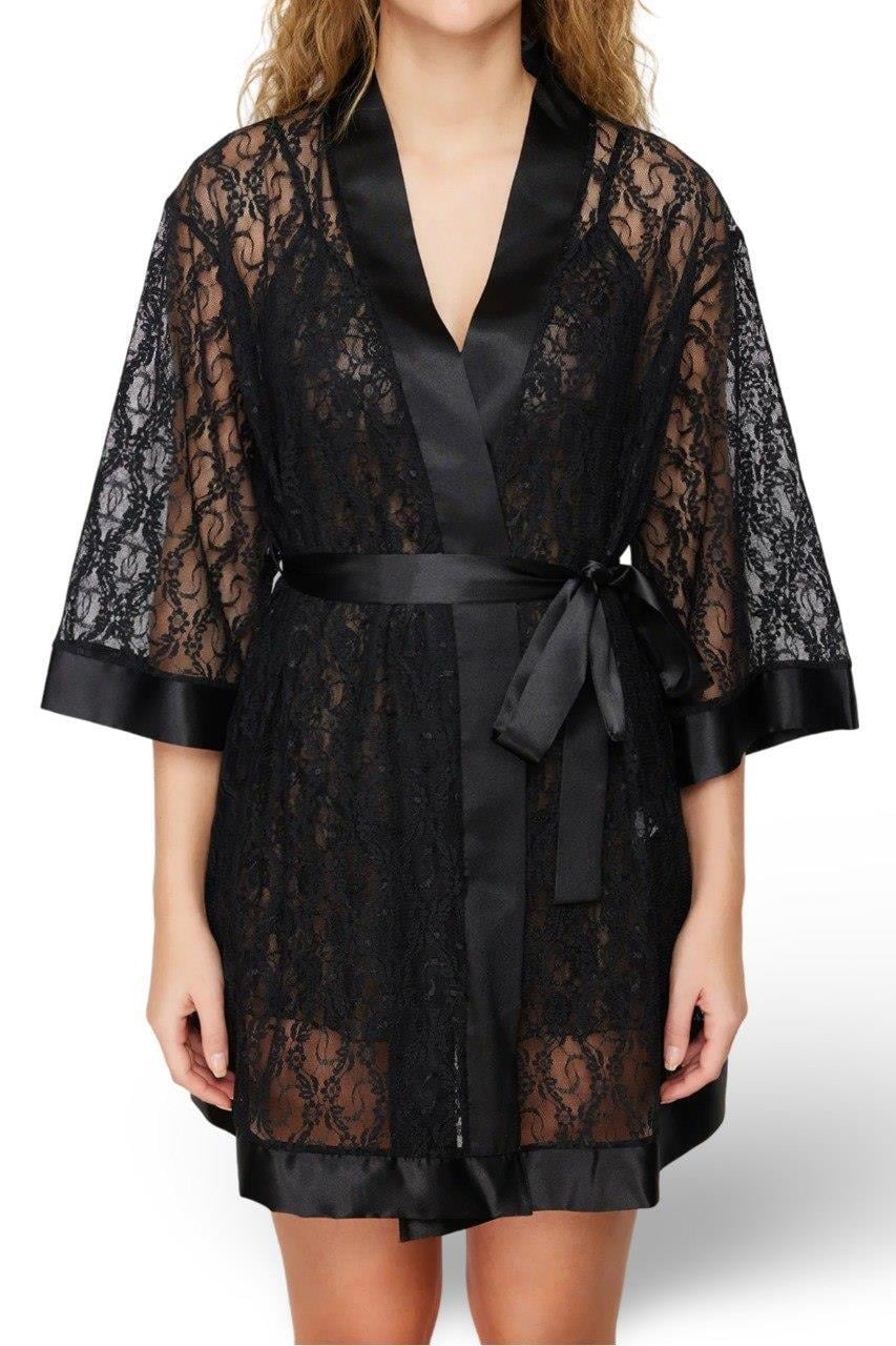 Dantel Siyah Kuşaklı Saten Bant Detaylı Dantel Örme Sabahlık