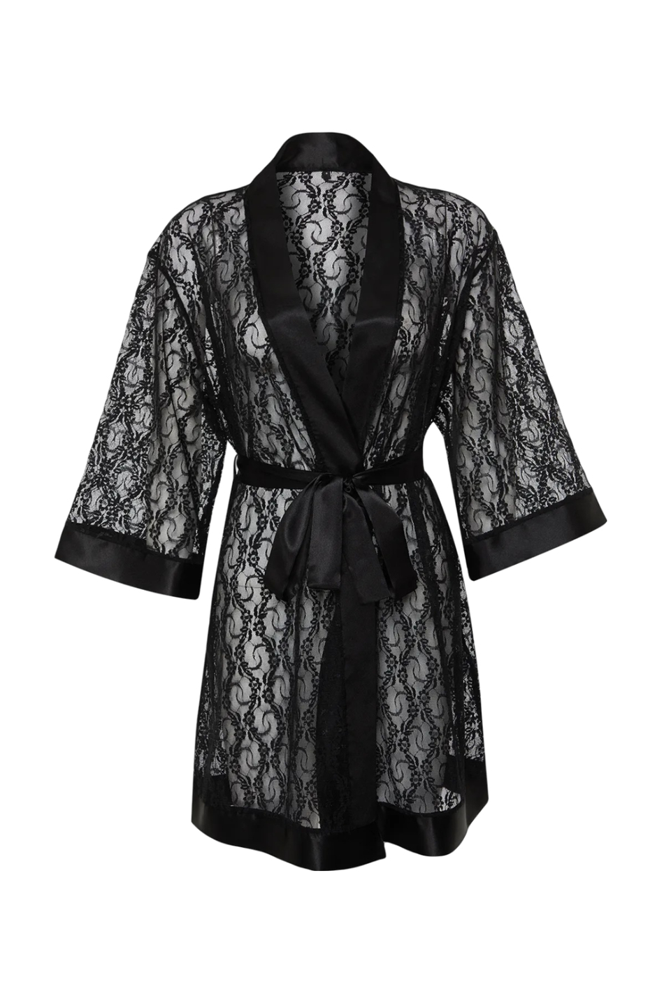 Dantel Siyah Kuşaklı Saten Bant Detaylı Dantel Örme Sabahlık