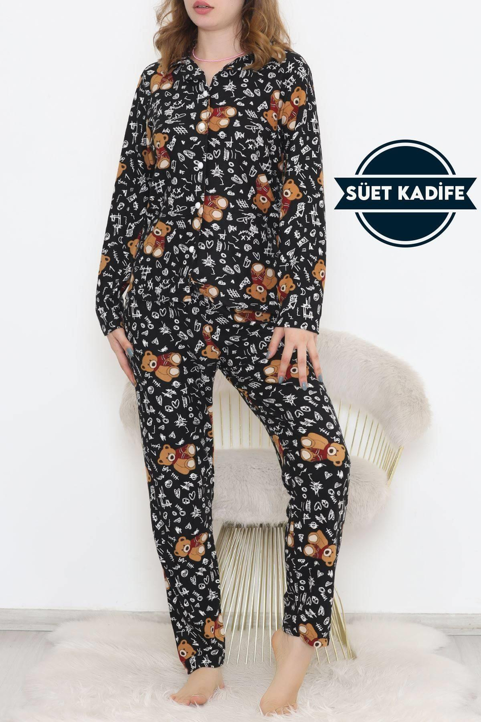 Dantel Ayıcıklı Siyah Süet Pijama Takımı 