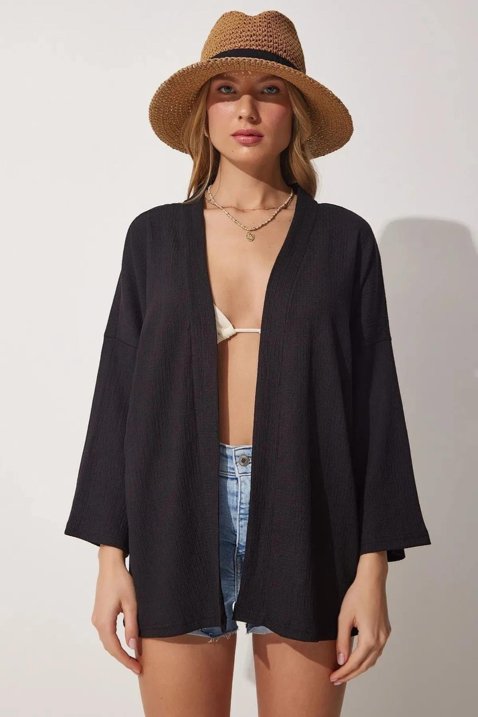 Dantel Basic Bürümcük Kumaş Şal Yaka Kimono syh