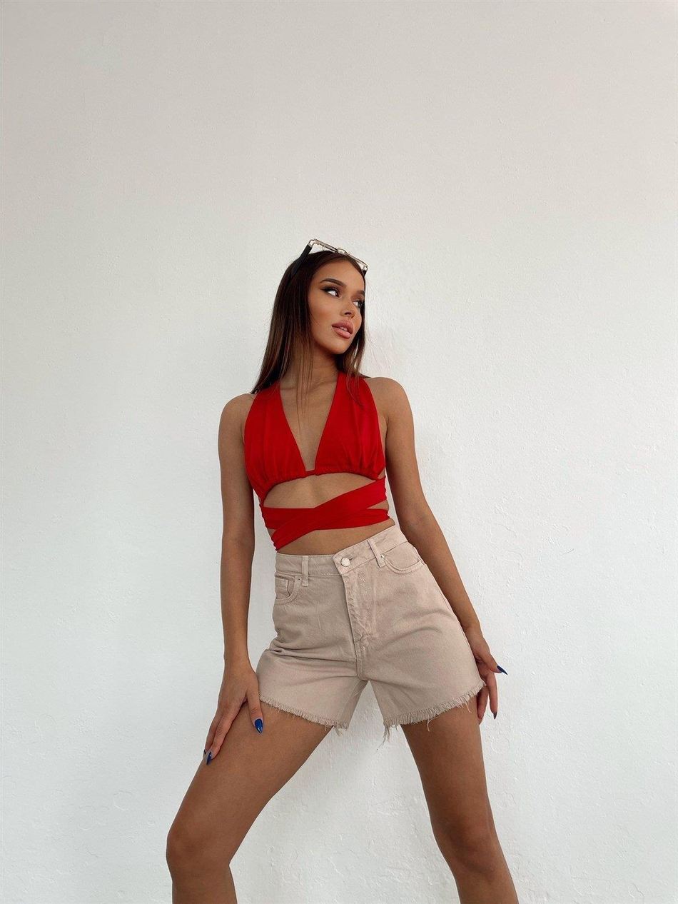 Dantel Kırmızı Bikini Crop Bluz