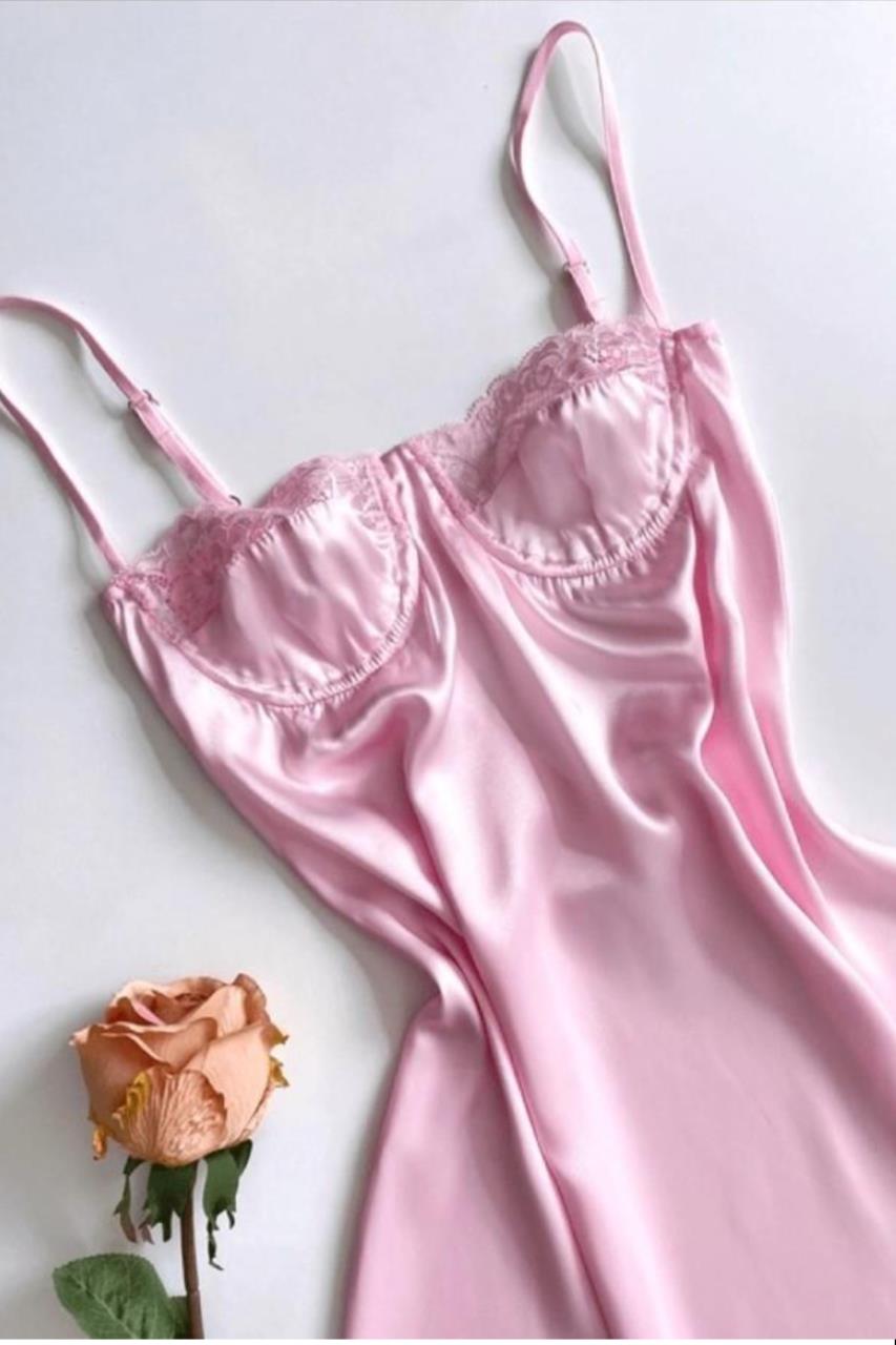 Dantel Ahude Koleksiyonu Pembe Saten&Dantel Gecelik & Babydoll 