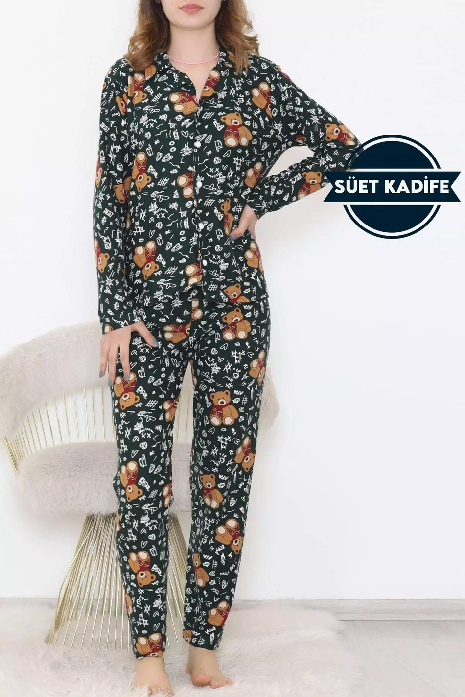 Dantel Ayıcıklı Haki Süet Pijama Takımı 