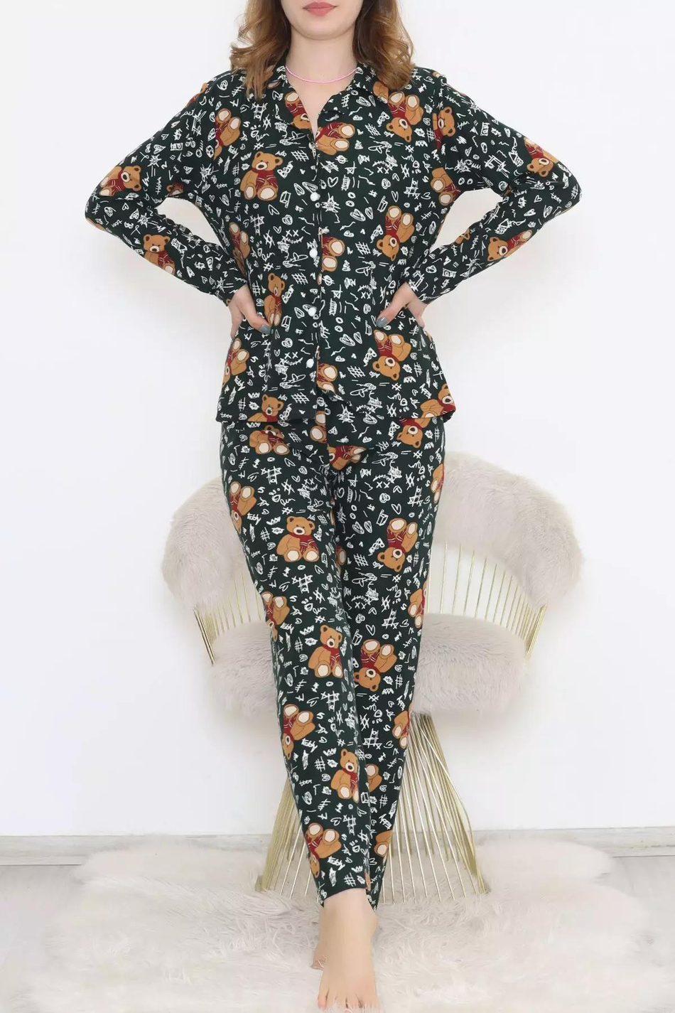 Dantel Ayıcıklı Haki Süet Pijama Takımı 