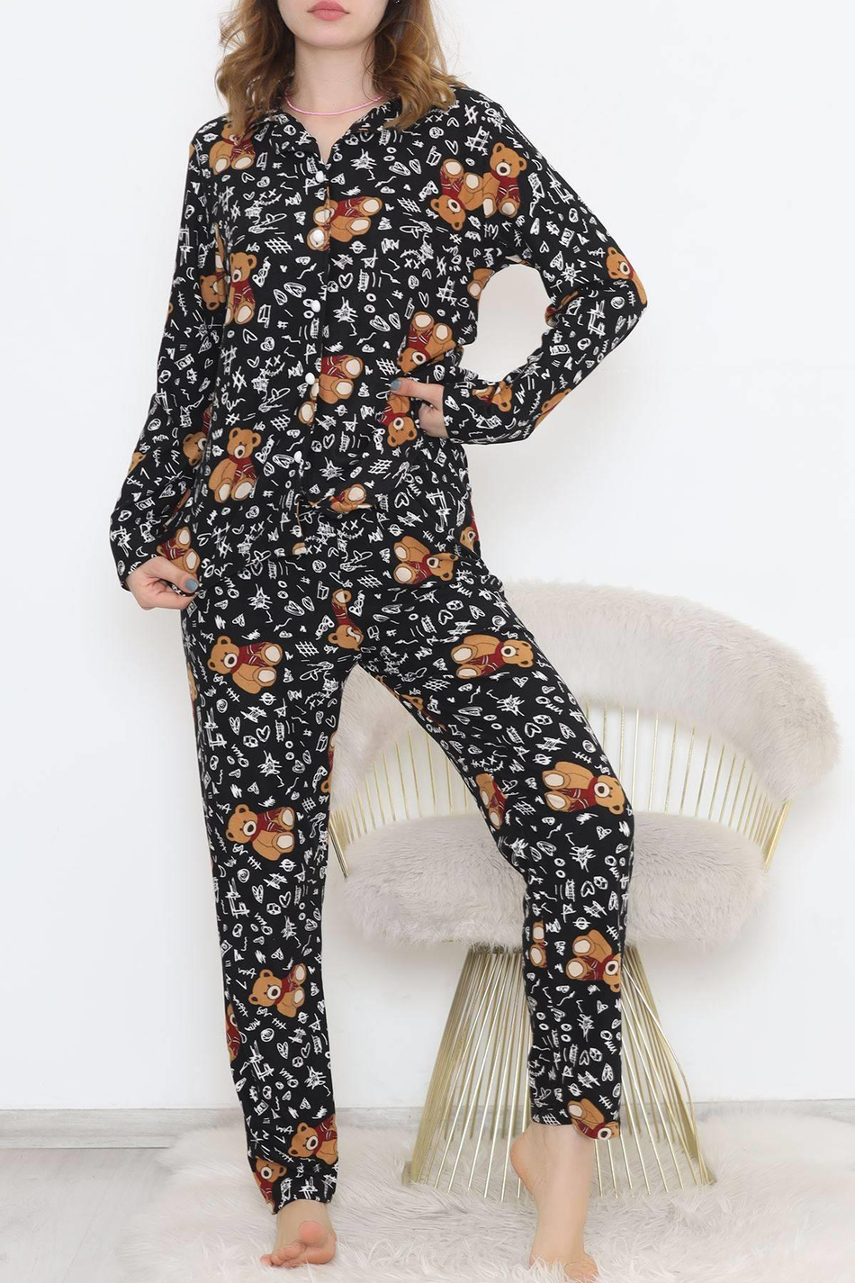 Dantel Ayıcıklı Siyah Süet Pijama Takımı 