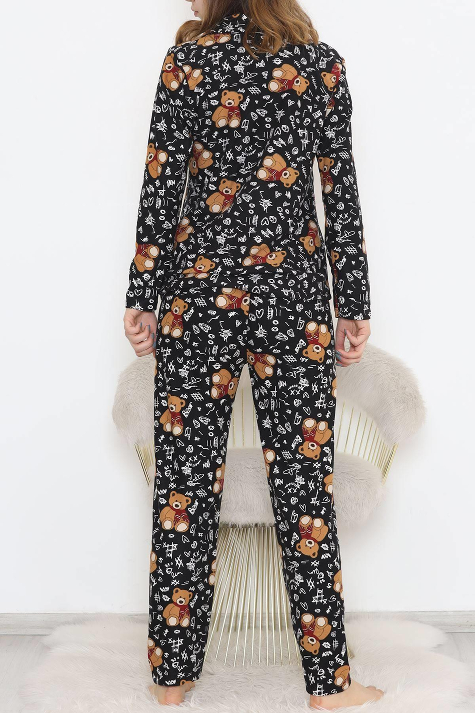 Dantel Ayıcıklı Siyah Süet Pijama Takımı 