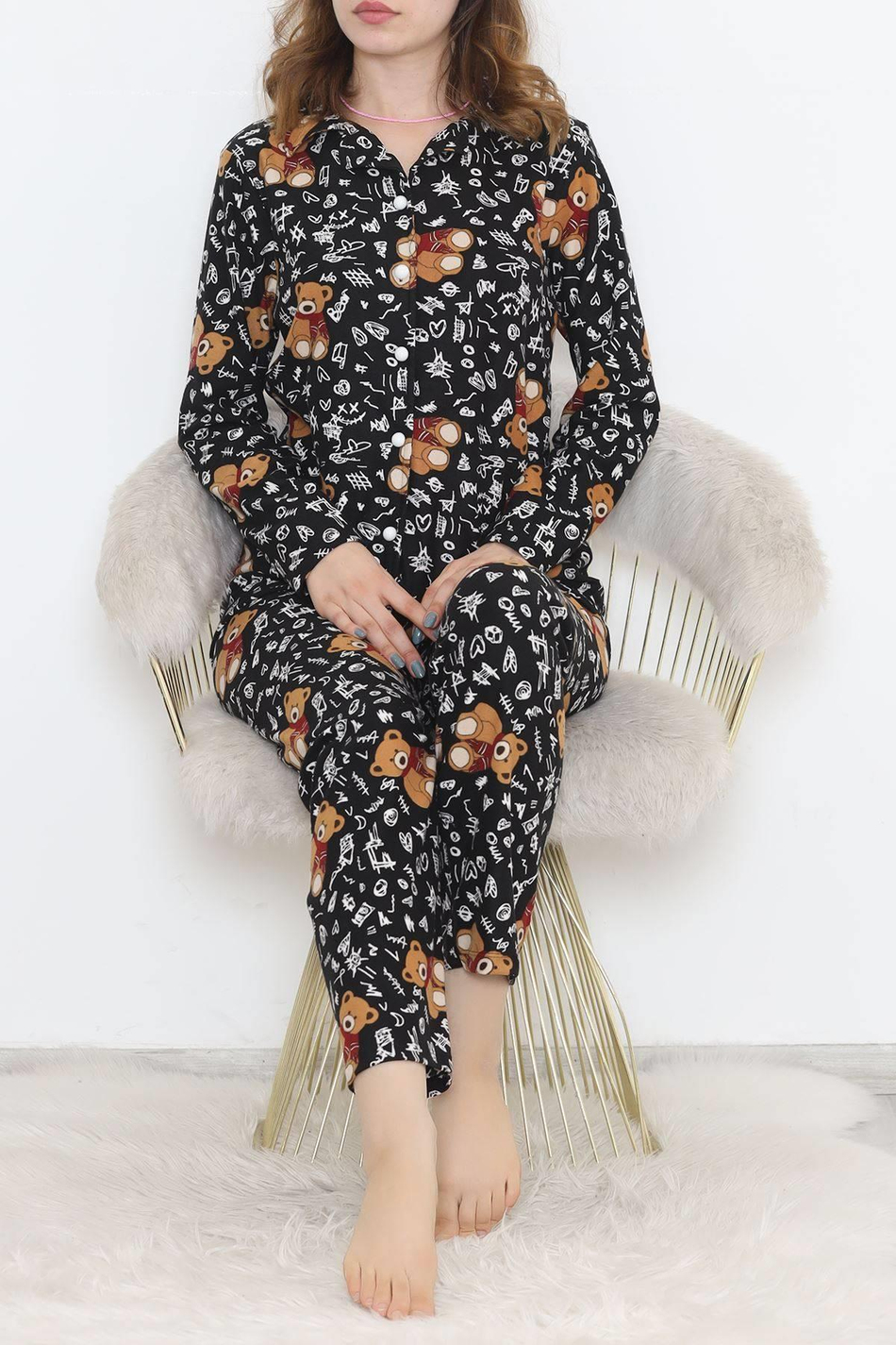 Dantel Ayıcıklı Siyah Süet Pijama Takımı 