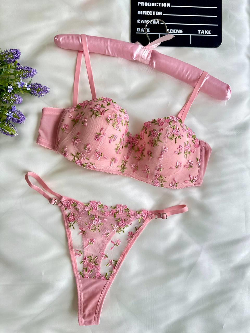 Dantel Çıtır Pembe Lotus SütyenTakımı
