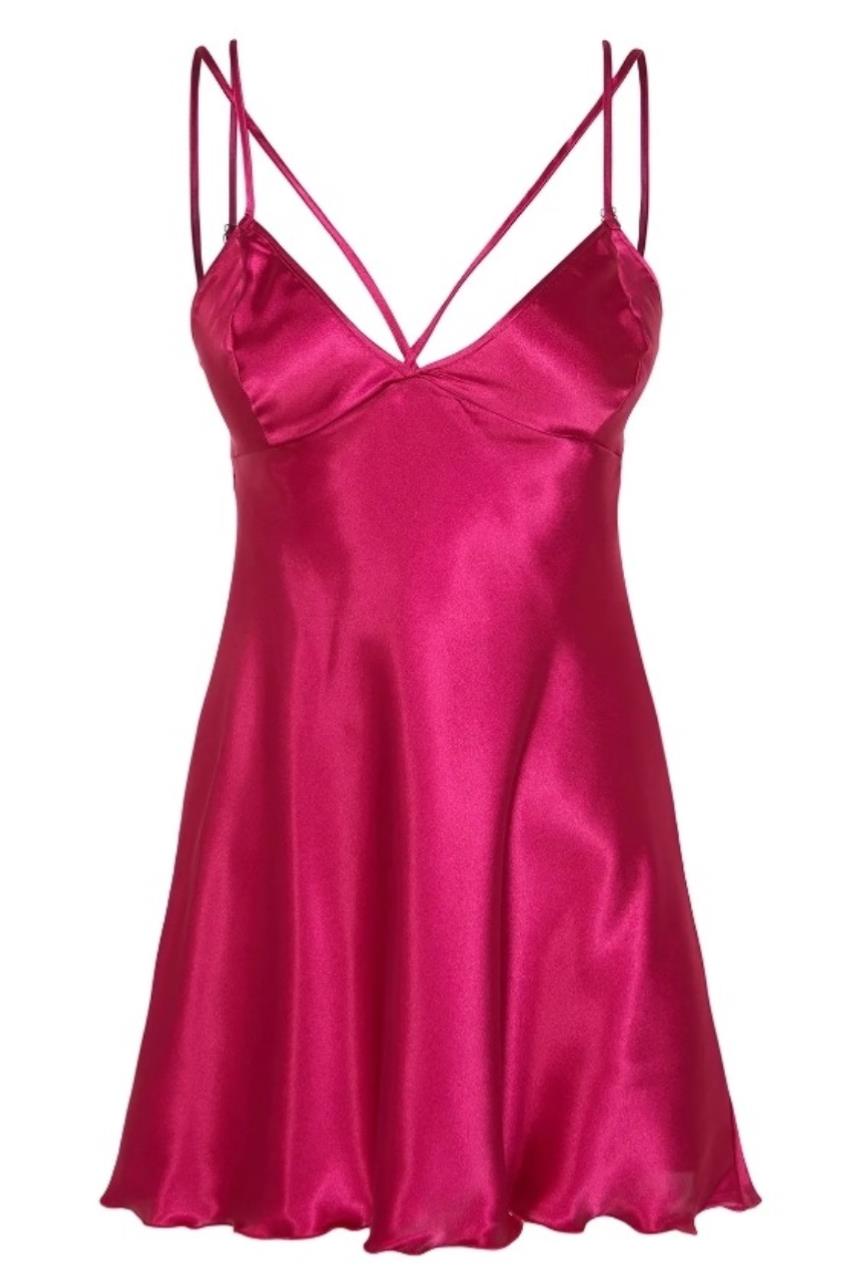 Fuşya Saten Biye Detaylı Babydoll & Gecelik