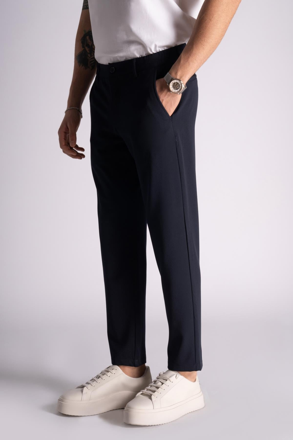 Beli Yarım Lastikli Slim Fit Chino Crop Pantalon Lacivert