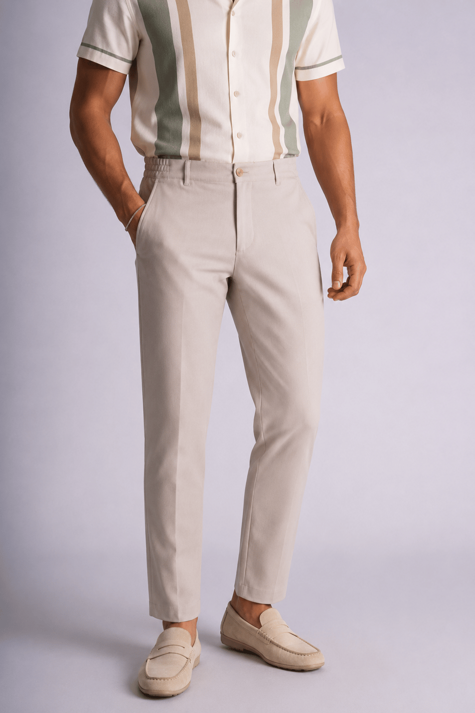 Beli Yarım Lastikli Slim Fit Chino Crop Pantalon Bej
