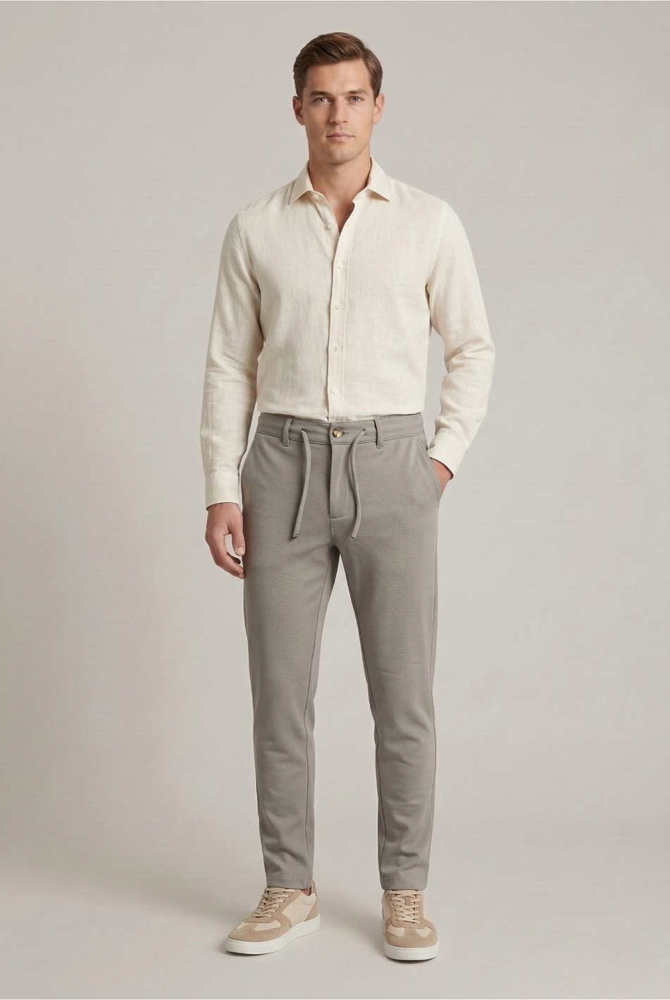 Erkek Açık Füme Slim Fit Bağcıklı Beli Yarım Lastikli Pamuklu Pantolon