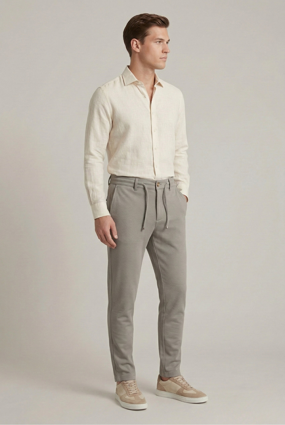Erkek Açık Füme Slim Fit Bağcıklı Beli Yarım Lastikli Pamuklu Pantolon