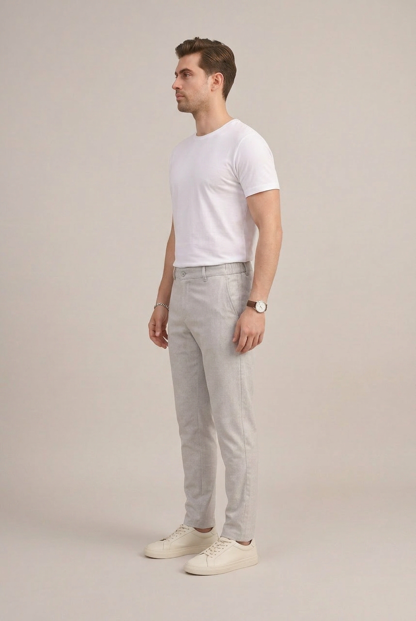 Erkek Açık Gri Slim Fit Yarım Lastikli Bel Klasik Pantolon