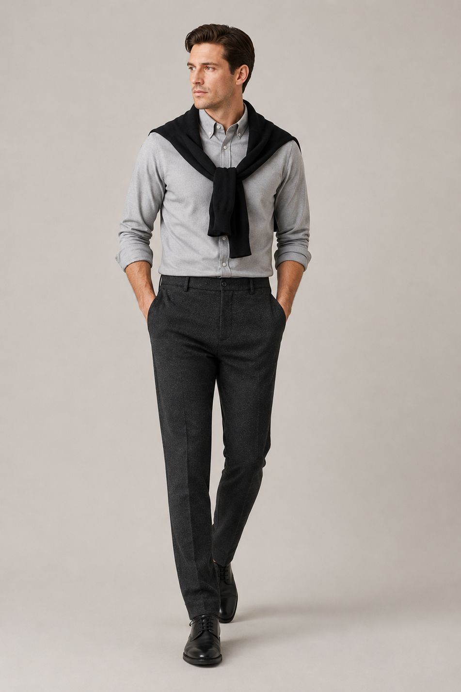 Erkek Antrasit Melanj Doku Kemer Tokalı Yumuşak Tuşeli Slim Fit Pantolon