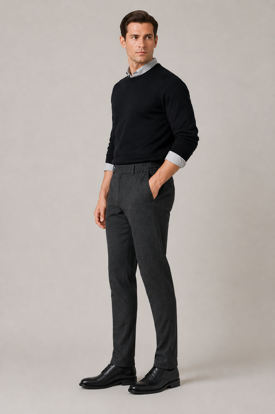 Erkek Antrasit Melanj Doku Kemer Tokalı Yumuşak Tuşeli Slim Fit Pantolon