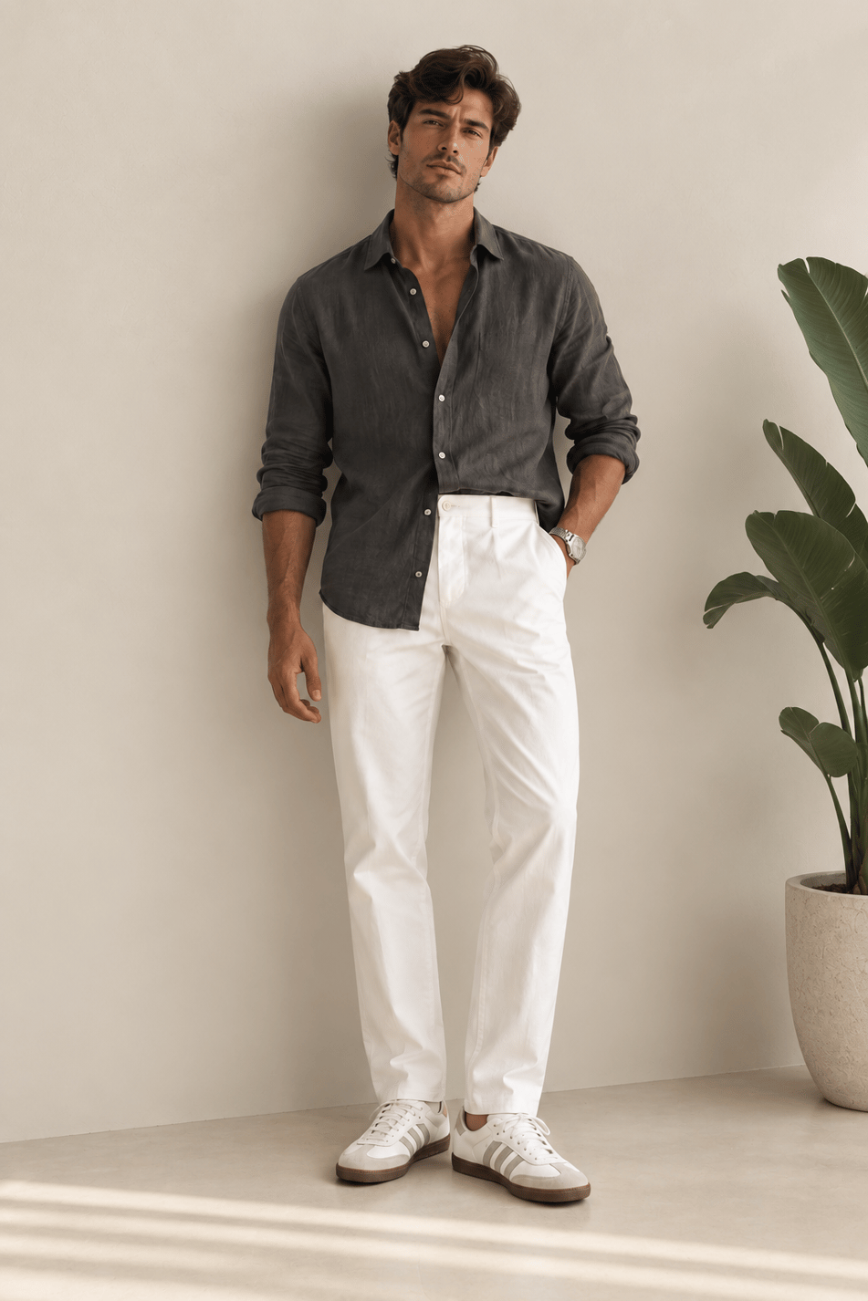 Erkek Armürlü Slim Fit Beyaz Pantolon